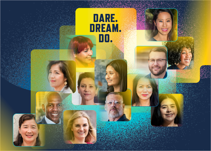 Headshots of thirteen diverse people who have participated in the Dare Dream Do campaign