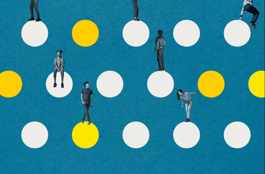 Abstract image of figures standing and sitting on dots, looking up and down