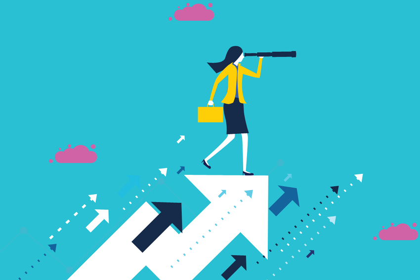 Illustrated business person with briefcase and telescope, standing atop rising arrows